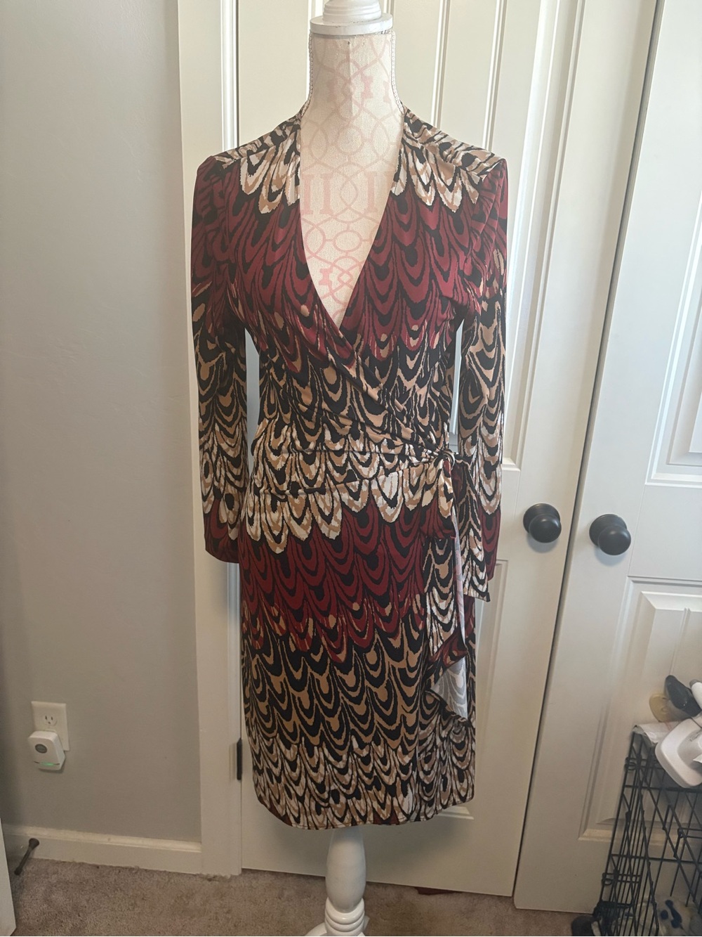 BCBGMaxAzria Burgundy and Cream Patterned Wrap Dress